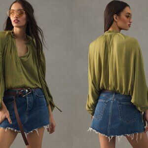 Anthropologie Olive Green Ruched Blouse